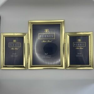 Vtg Burnes State Street Hinged Triple Photo Frame Brass Tone 5x7 & Two 3.5x5